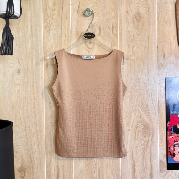 Vintage Small Tan and Gold Sparkle Stretch Tank 90s 2000s - Picture 2 of 6